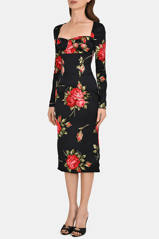 Цветочное платье миди DOLCE & GABBANA  Черный Женский F610FTFSICD