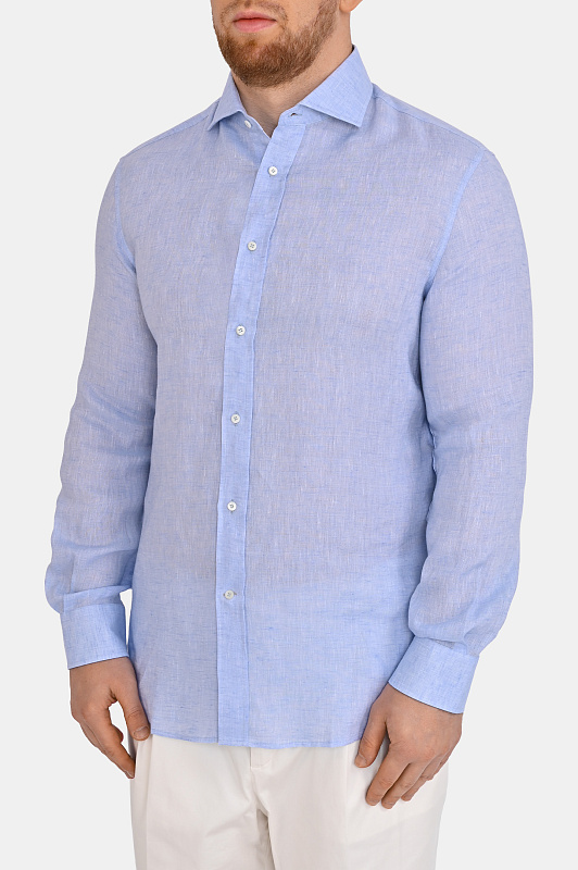 Льняная рубашка прямая BRUNELLO  CUCINELLI Голубой Мужской MM6840627