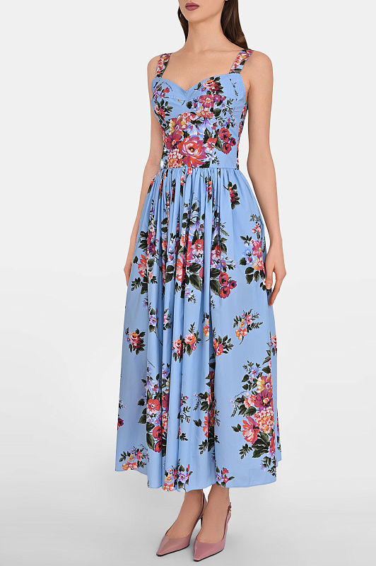 Хлопковое платье-миди с цветами DOLCE & GABBANA  Голубой Женский F6TTHTHS5UU