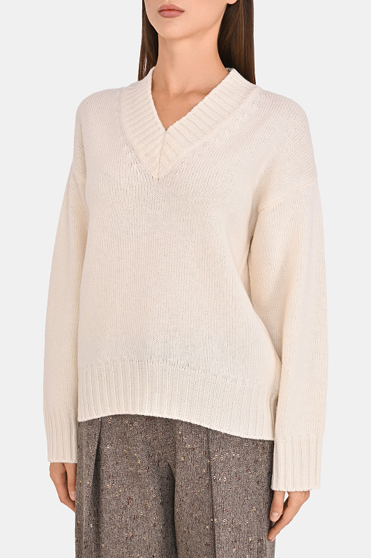 Вязаный пуловер с вырезом KITON Молочный Женский D62943K0585L0