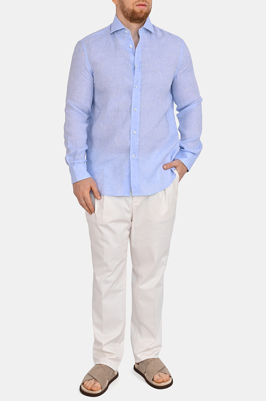 Льняная рубашка прямая BRUNELLO  CUCINELLI Голубой Мужской MM6840627