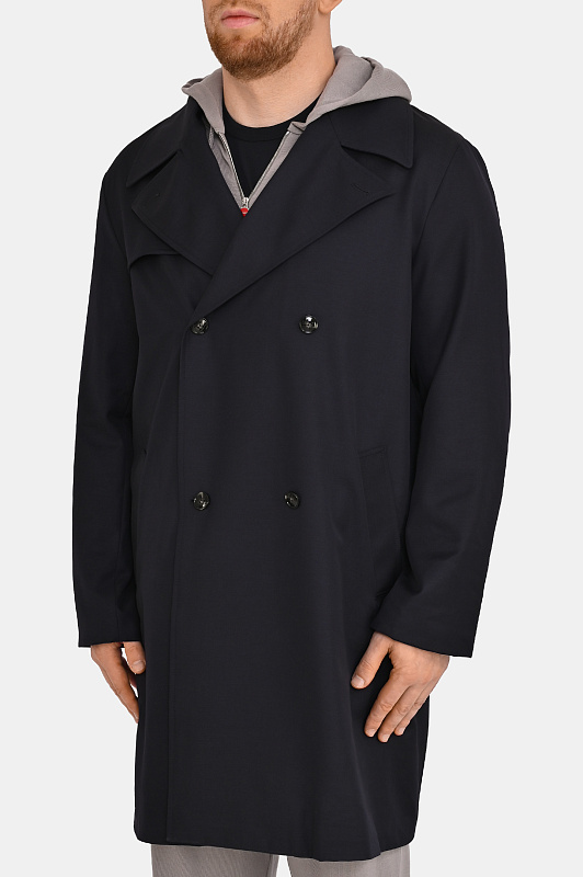 Шерстяной плащ двубортный KITON Темно-синий Мужской UW2376V0830H0