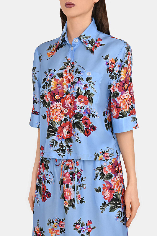 Шелковая блуза с цветами DOLCE & GABBANA  Голубой Женский F5T50TIS11I