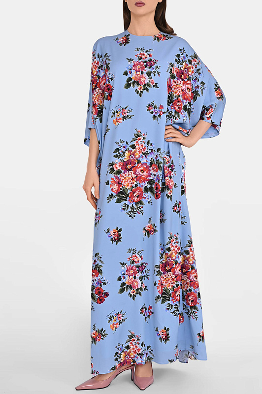 Шелковое платье с цветами DOLCE & GABBANA Голубой Женский F610QTFSA8P Шелковое платье с цветами DOLCE & GABBANA Голубой Женский F610QTFSA8P