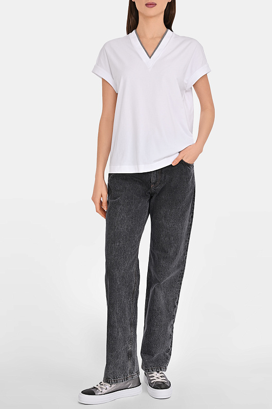 Хлопковая футболка с кантом BRUNELLO CUCINELLI Белый Женский M0T18BD222 Хлопковая футболка с кантом BRUNELLO CUCINELLI Белый Женский M0T18BD222