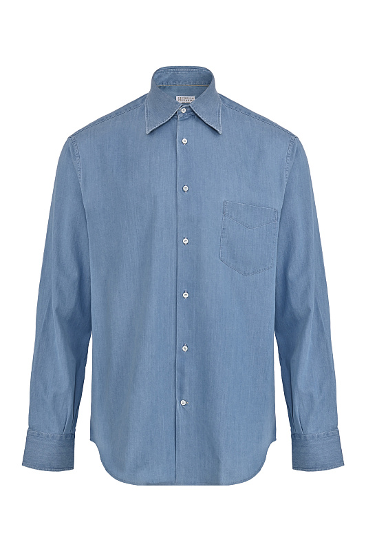 Хлопковая рубашка с карманом BRUNELLO CUCINELLI Голубой Мужской MR6830621 Хлопковая рубашка с карманом BRUNELLO CUCINELLI Голубой Мужской MR6830621