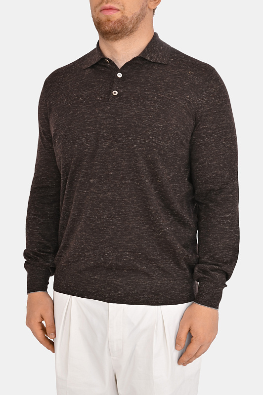 Меланжевое поло трикотаж BRUNELLO CUCINELLI Темно-коричневый Мужской MSY00295 Меланжевое поло трикотаж BRUNELLO CUCINELLI Темно-коричневый Мужской MSY00295