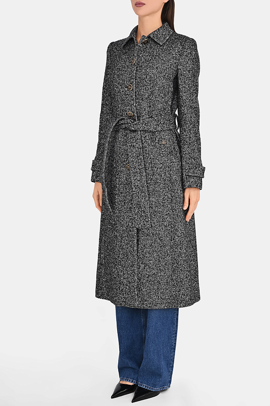 Фактурное пальто с поясом DOLCE & GABBANA Черно-белый Женский F0W7TT FCZAE Фактурное пальто с поясом DOLCE & GABBANA Черно-белый Женский F0W7TT FCZAE
