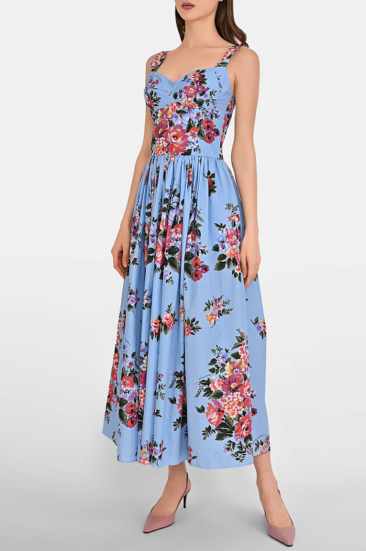 Хлопковое платье-миди с цветами DOLCE & GABBANA  Голубой Женский F6TTHTHS5UU