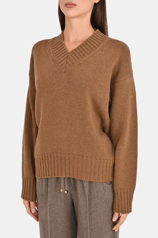 Вязаный пуловер с мысом KITON Коричневый Женский D62943K0585L0 Вязаный пуловер с мысом KITON Коричневый Женский D62943K0585L0
